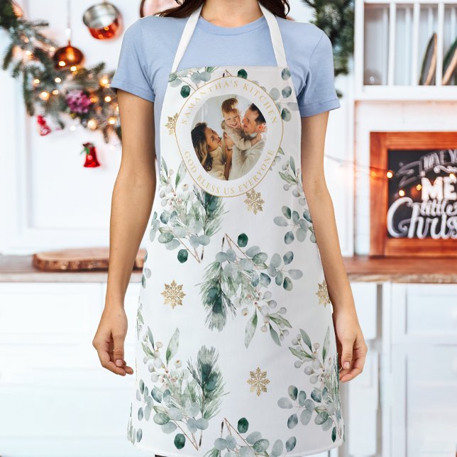 Glory to God Bible Verse Christmas Greenery Apron (Religious Christmas apron with photo, name and the words "God bless us everyone".)