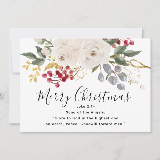 Glory to God Bible Verse Floral Flat Christmas Holiday Card (Front)