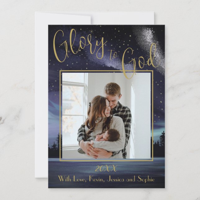 Glory To God Blue Starry Night Photo Christmas Holiday Card (Front)
