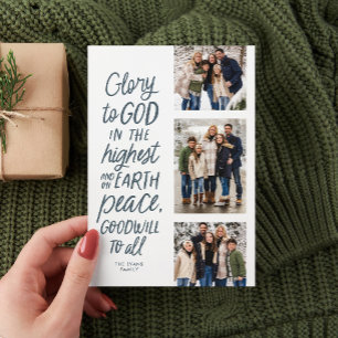 Glory to God blue three photo religious Christmas Holiday Card