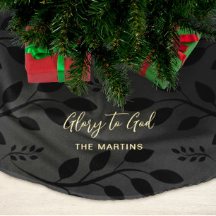 Glory to God Botanical Christmas Black Brushed Polyester Tree Skirt