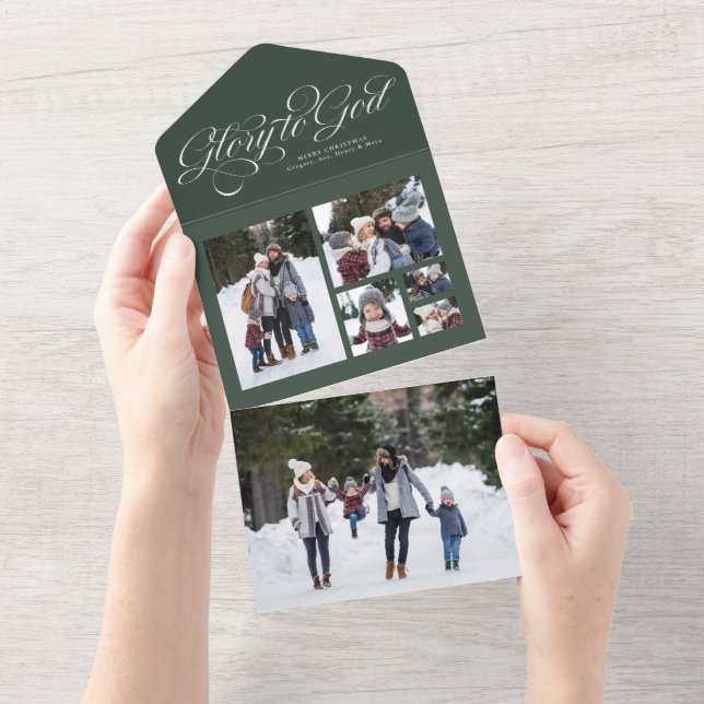 Glory to God Christmas photo collage green holiday All In One Invitation (Tearaway)