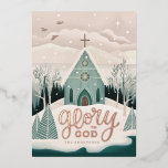 Glory to God. Church Religious Christmas gold Foil Holiday Card<br><div class="desc">Gold Religious Christmas Holiday Card "Glory to God" with cute snow winter woodland church in pink blush green colours.</div>