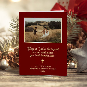 Glory to God   Dark Red Two Photo Christmas Gold Foil Holiday Card