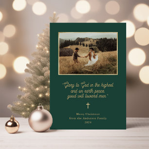 Glory to God Faux Gold and Photo Green Christmas Holiday Card