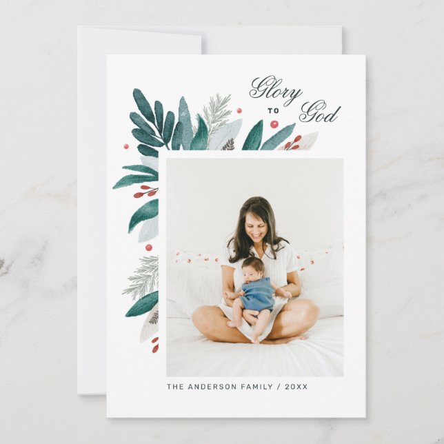 Glory to God. Floral botanical religious Christmas Holiday Card (Front)
