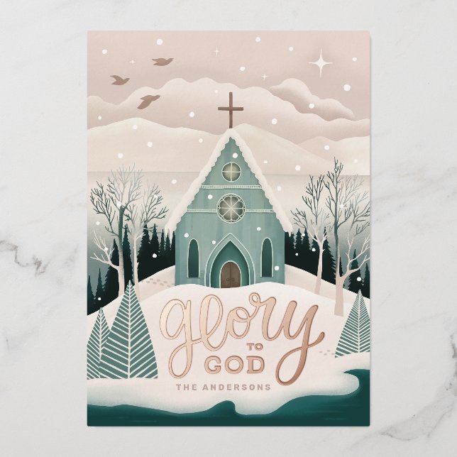 Glory to God | Gold Religious Christmas Church Foil Holiday Card (Front)