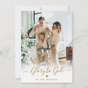 Glory to God Gold Script Elegant 2 Photo Christmas Holiday Card
