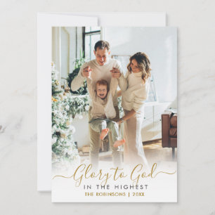 Glory to God Gold Script Elegant 2 Photo Christmas Holiday Card