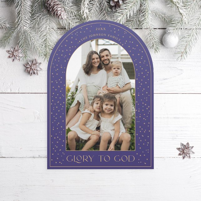 Glory to God Gold Stars Arch Holiday Photo Card (Creator Uploaded)