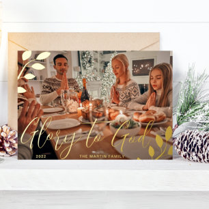 Glory to God Ivory Botanical Christmas Photo Foil Holiday Card