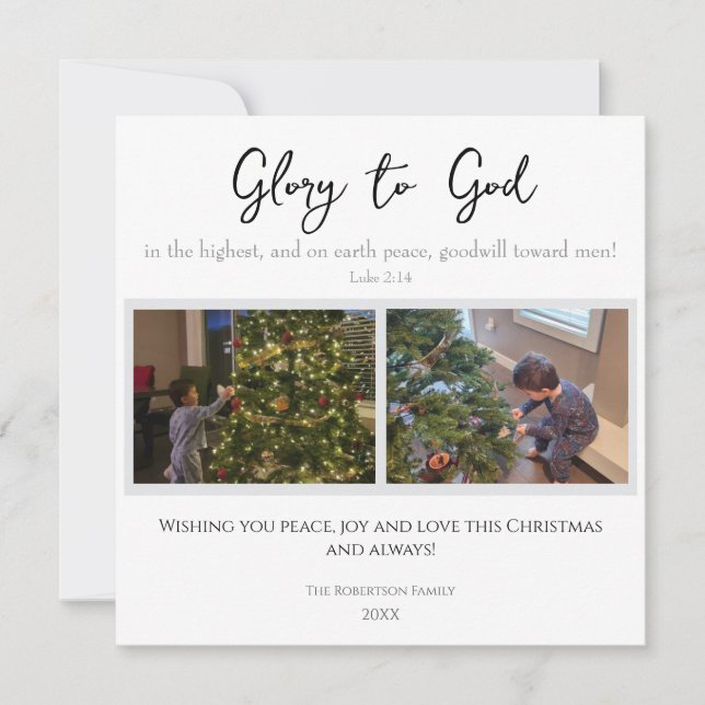 Glory to God Modern 2 Photo Religious Christmas Holiday Card (Front)