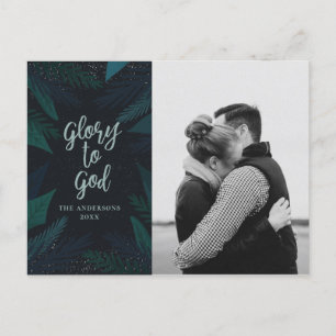 Glory to God. Navy and green botanical Christmas Holiday Postcard
