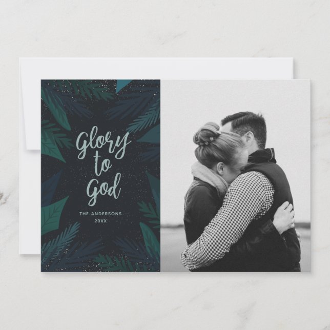 Glory to God. Navy and green Christmas photo Holiday Card (Front)