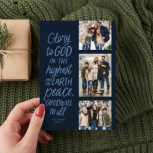 Glory to God navy three photo religious Christmas Holiday Card