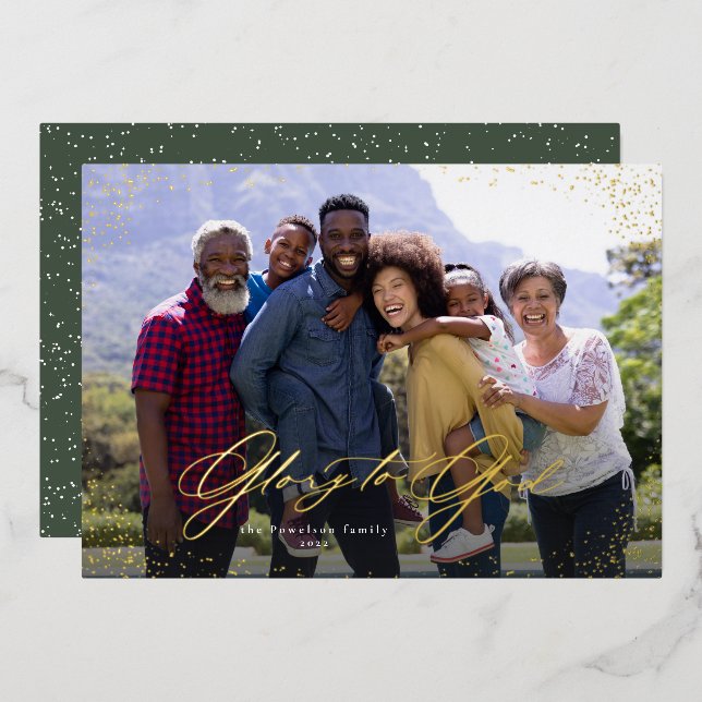 Glory to God one photo religious Christmas Foil Holiday Card (Front/Back)