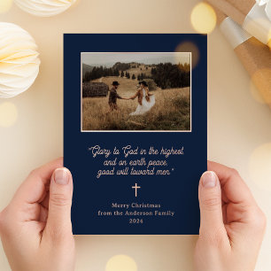 Glory to God   Photo Christmas Navy and Rose Gold Foil Holiday Card