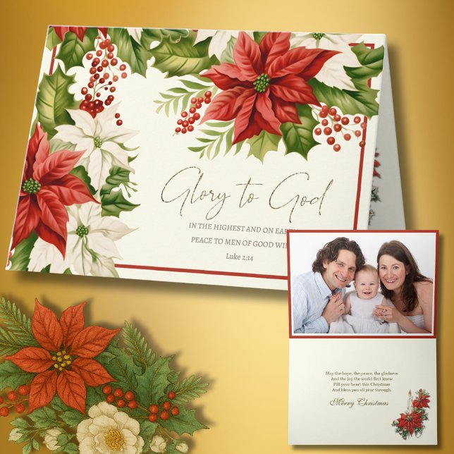 Glory to God Poinsettia Christmas with Rosary Inte Holiday Card (Creator Uploaded)