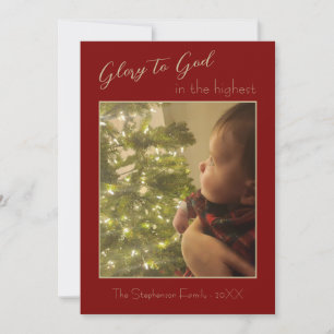 Glory to God Red Burgundy Gold One Photo Christmas Holiday Card