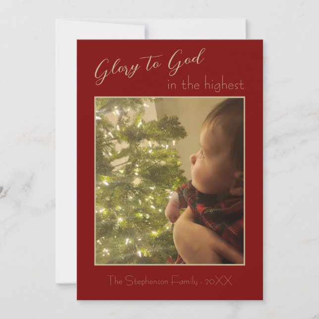 Glory to God Red Burgundy Gold One Photo Christmas Holiday Card (Front)