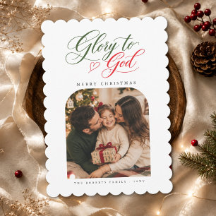 Glory To God Red Green Scalloped Christmas Photo Holiday Card