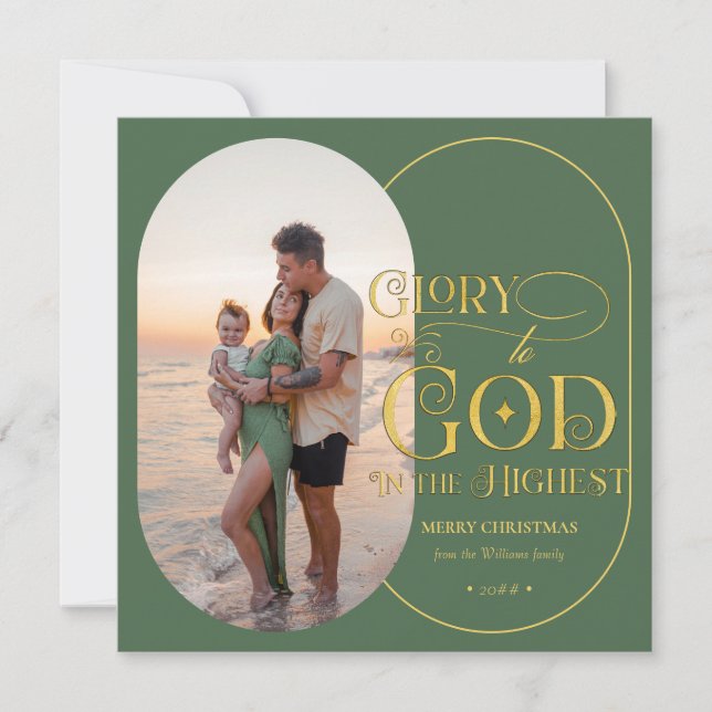 Glory to God Religious 2 Photo Script Christian Holiday Card (Front)