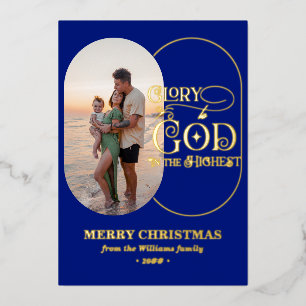Glory to God Religious Christian 2 Photo Script Foil Holiday Card
