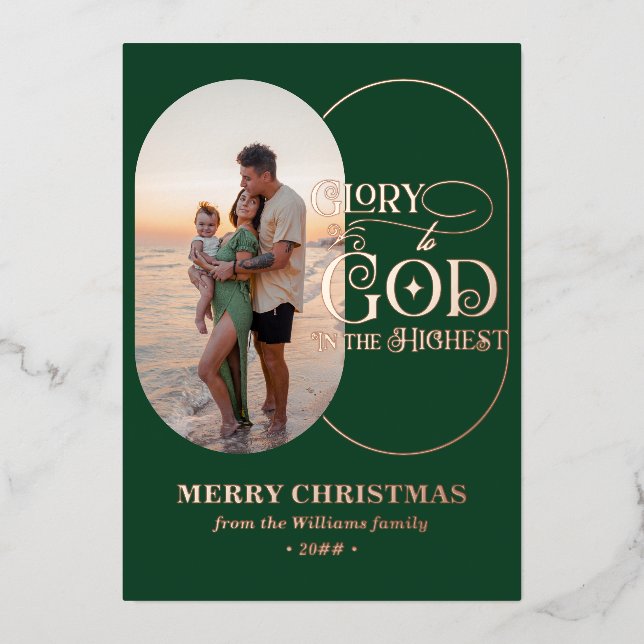 Glory to God Religious Christian 2 Photo Script Foil Holiday Card (Front)