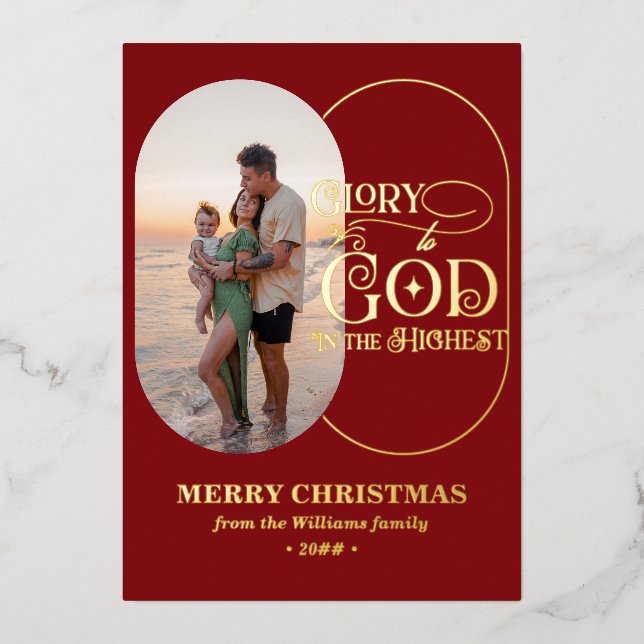 Glory to God Religious Christian 2 Photo Script Foil Holiday Card (Front)