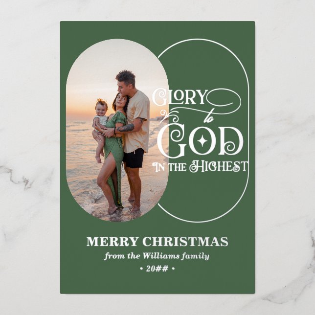Glory to God Religious Christian 2 Photo Script Foil Holiday Card (Front)