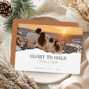 Glory To God Religious Torn Edge Photo Christmas Holiday Card