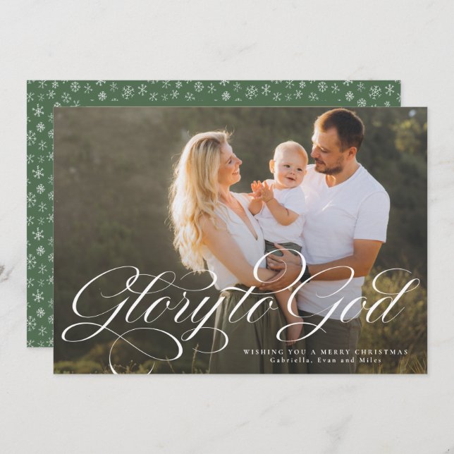 Glory to God religious two photo elegant Christmas Holiday Card (Front/Back)