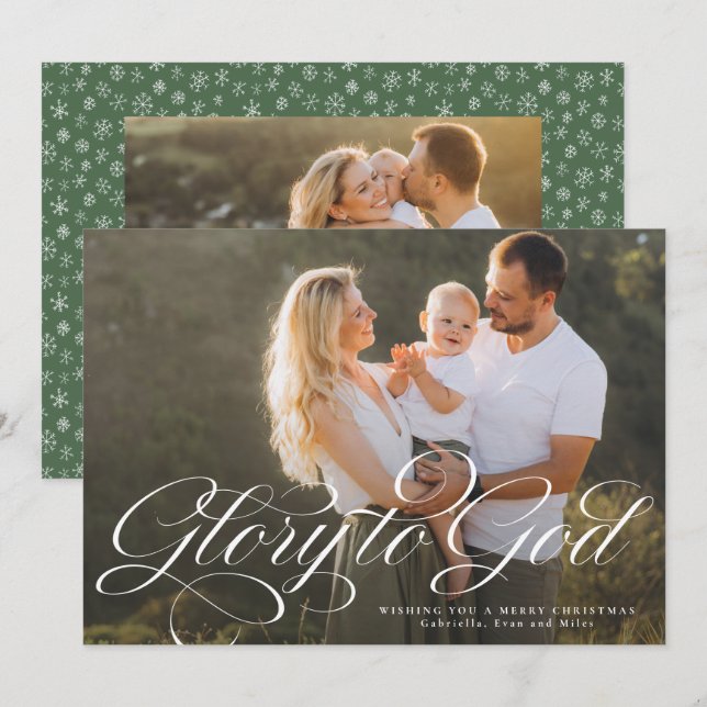 Glory to God religious two photo elegant Christmas Holiday Card (Front/Back)