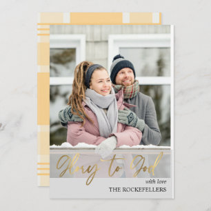 Glory to God Script Christmas Mustard Plaid Photo Holiday Card