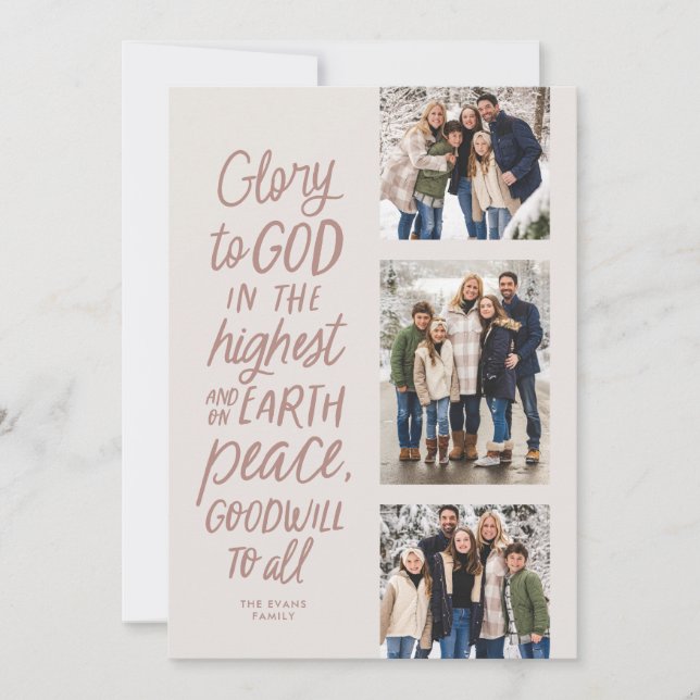 Glory to God three photo pink religious Christmas Holiday Card (Front)