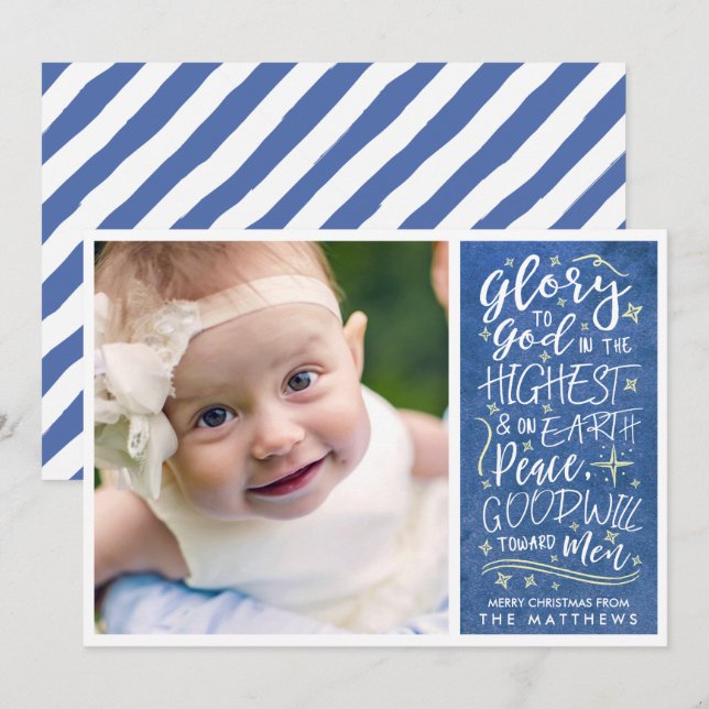 Glory to God Verse Photo Christmas | Blue Holiday Card (Front/Back)