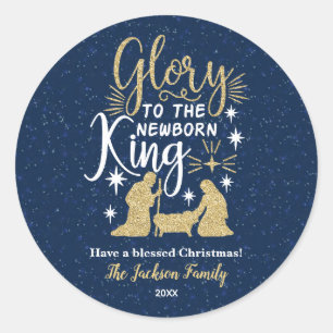 Glory to The Newborn King Glitter Christmas Classic Round Sticker