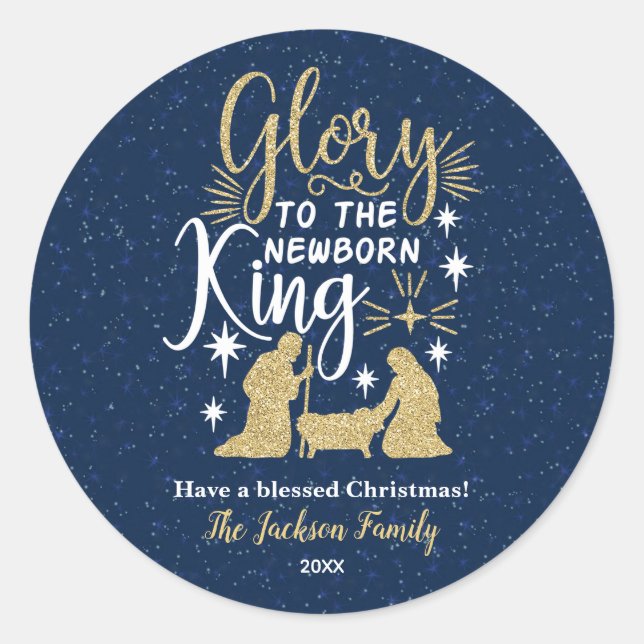 Glory to The Newborn King Glitter Christmas Classic Round Sticker (Front)