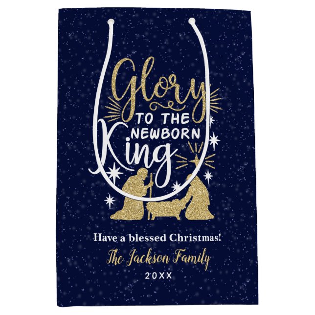 Glory to The Newborn King Glitter Christmas Medium Gift Bag (Front)