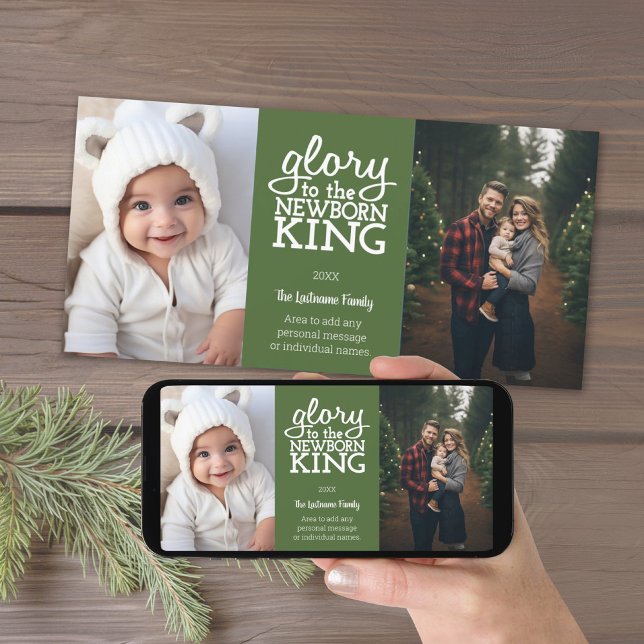 Glory to the Newborn King Green White Photo Holiday Card (2 Photo Christmas Card with Download Option)