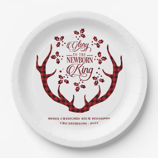 Glory To The Newborn King Red Buffalo Christmas Paper Plate (Front)