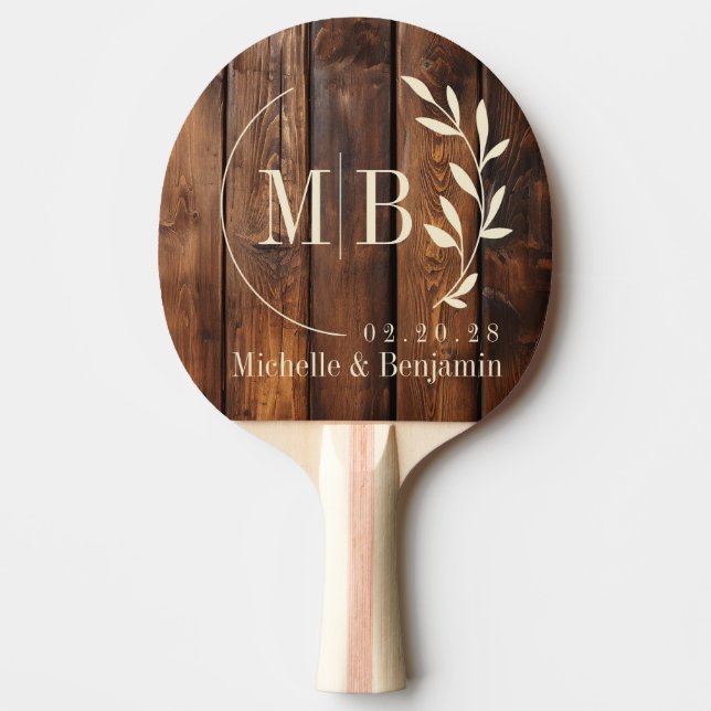 Gloss Stain Boards Leaf Wedding Monogram Ping Pong Paddle (Front)