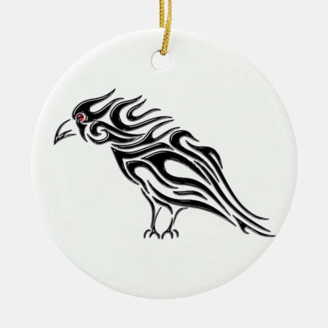 Glossy Black Raven Tattoo Ceramic Tree Decoration (Front)