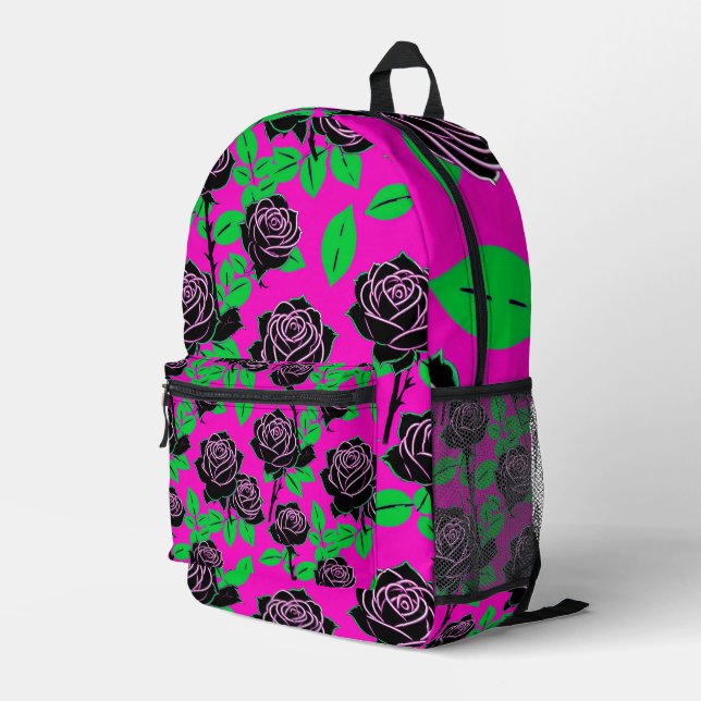 Glossy Black Roses On A Hot Pink Background Printed Backpack (Back Corner Right)