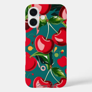 Glossy Cherry & Floral Pattern iPhone 16 Case