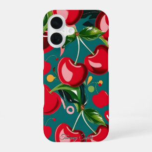Glossy Cherry & Floral Pattern iPhone 16 Case