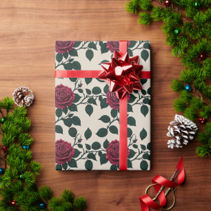 Glossy Crimson Roses With Dark Green Leaves Wrapping Paper