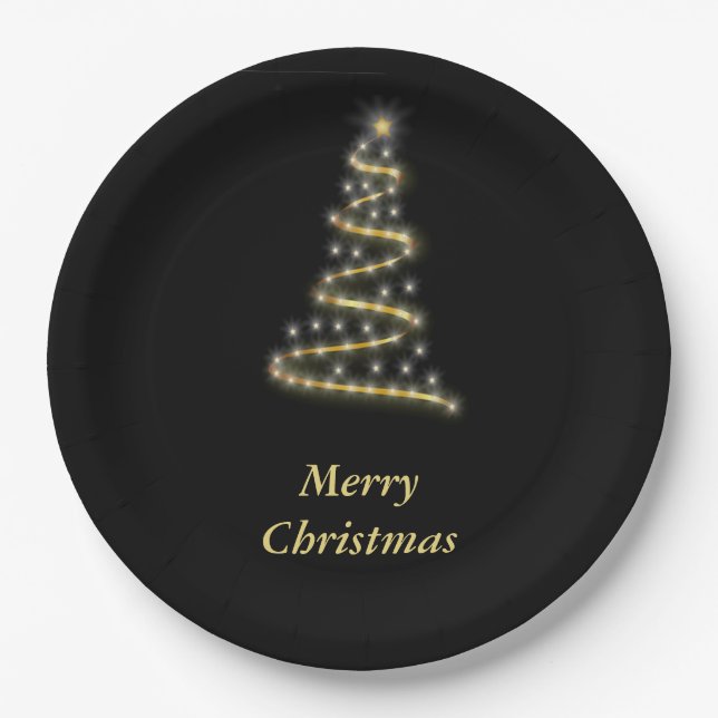 Glossy gold Christmas tree black Paper Plate (Front)