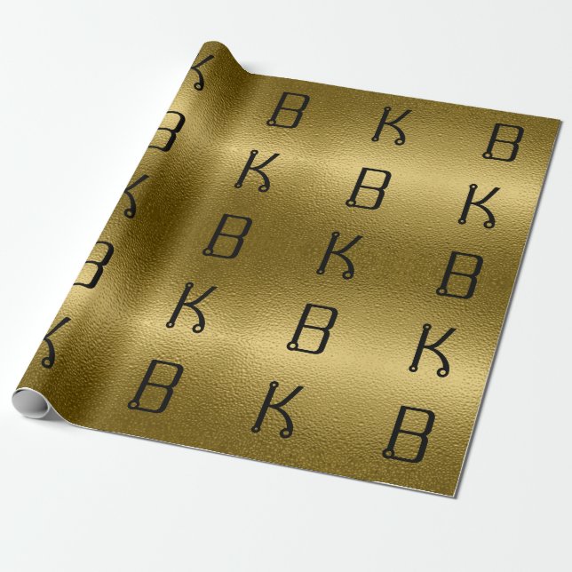 Glossy Gold Metal Texture Personalised Initials Wrapping Paper (Unrolled)