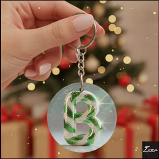 Glossy Green Gold Glitter Striped Letter B Key Ring